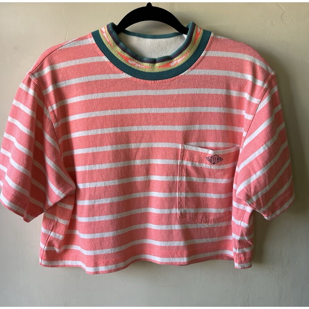 Gotcha Pink White Striped Cropped T-Shirt Pocket Crew Neck Short Sleeve Women S